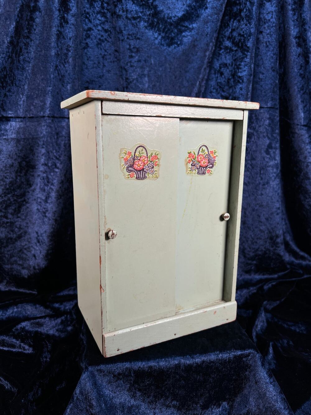 Vintage 1940s Wood Doll Wardrobe - Floral Basket Stickers on Cottage Green